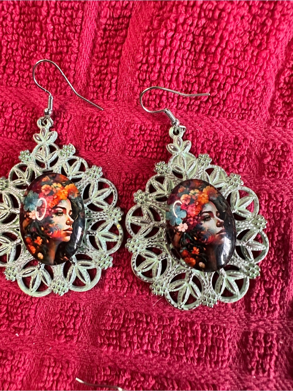 Silver Floral Filigree Drop Earrings with Colorful Portrait Cabochon